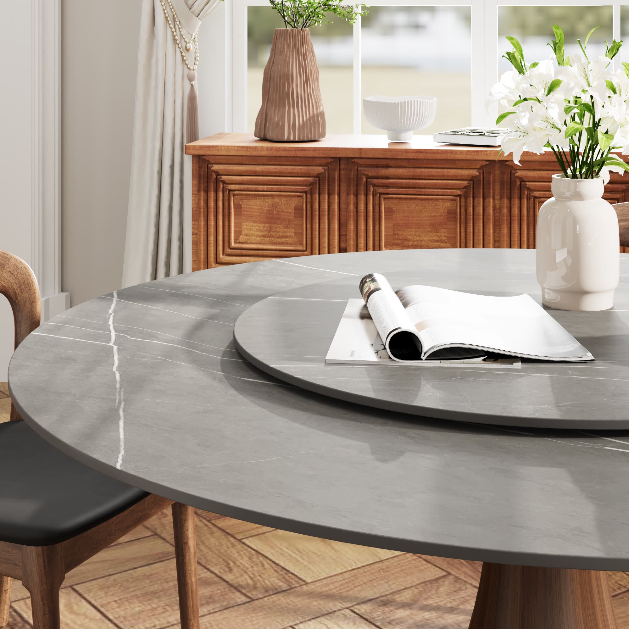 7 Pieces Slim Pedestal Base Dining Table With Black Leather Cushioned Dining Chairs - image 5