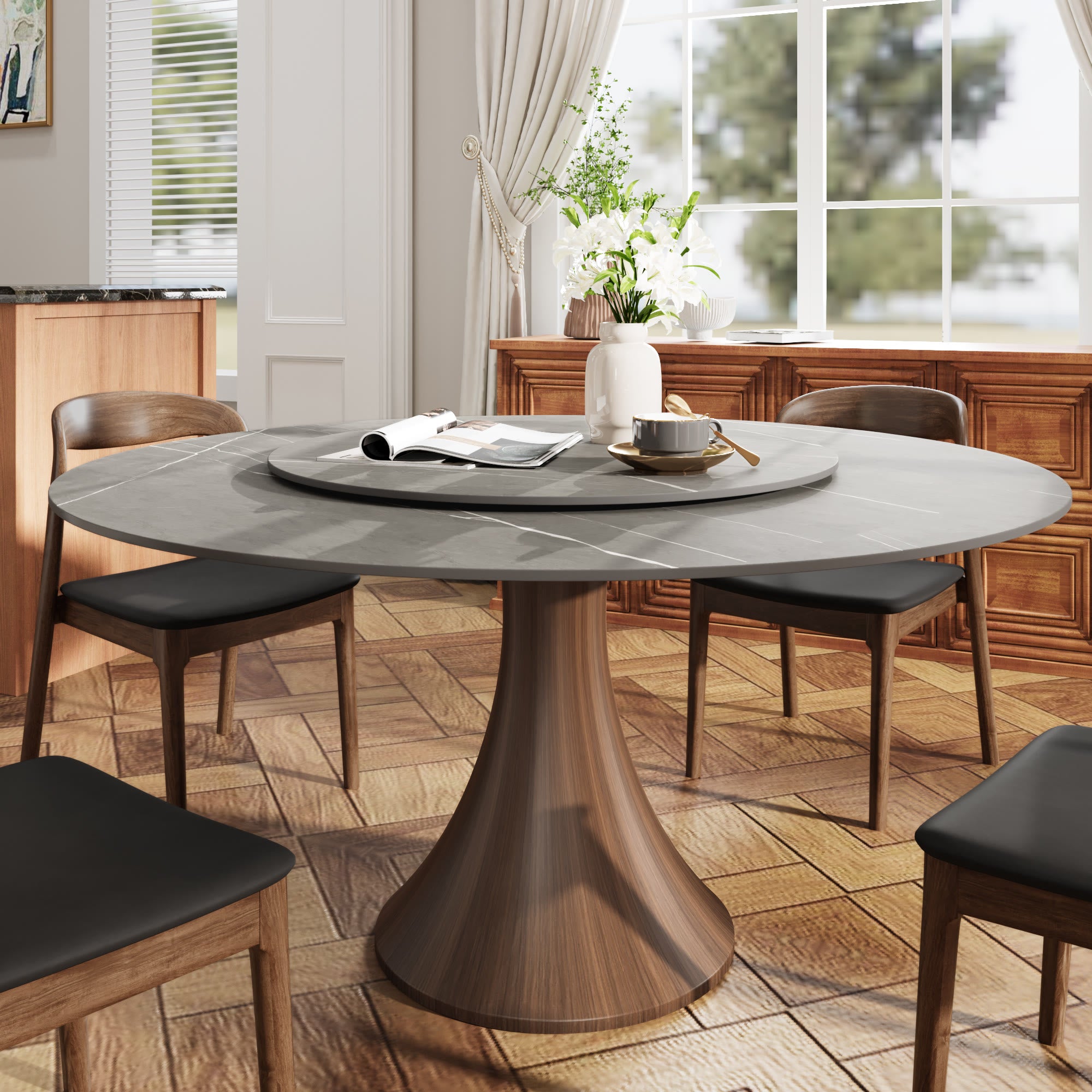 5 Pieces Slim Pedestal Base Wood Dining Table With Black Cushion Dining Chairs