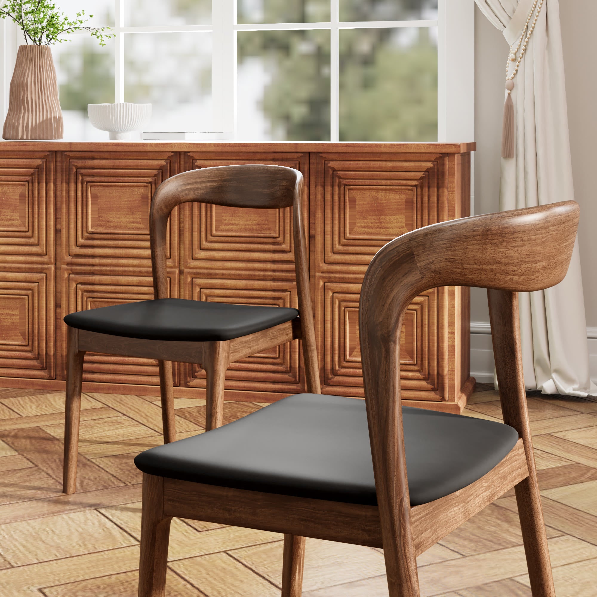 7 Pieces Slim Pedestal Base Dining Table With Black Leather Cushioned Dining Chairs - image 7