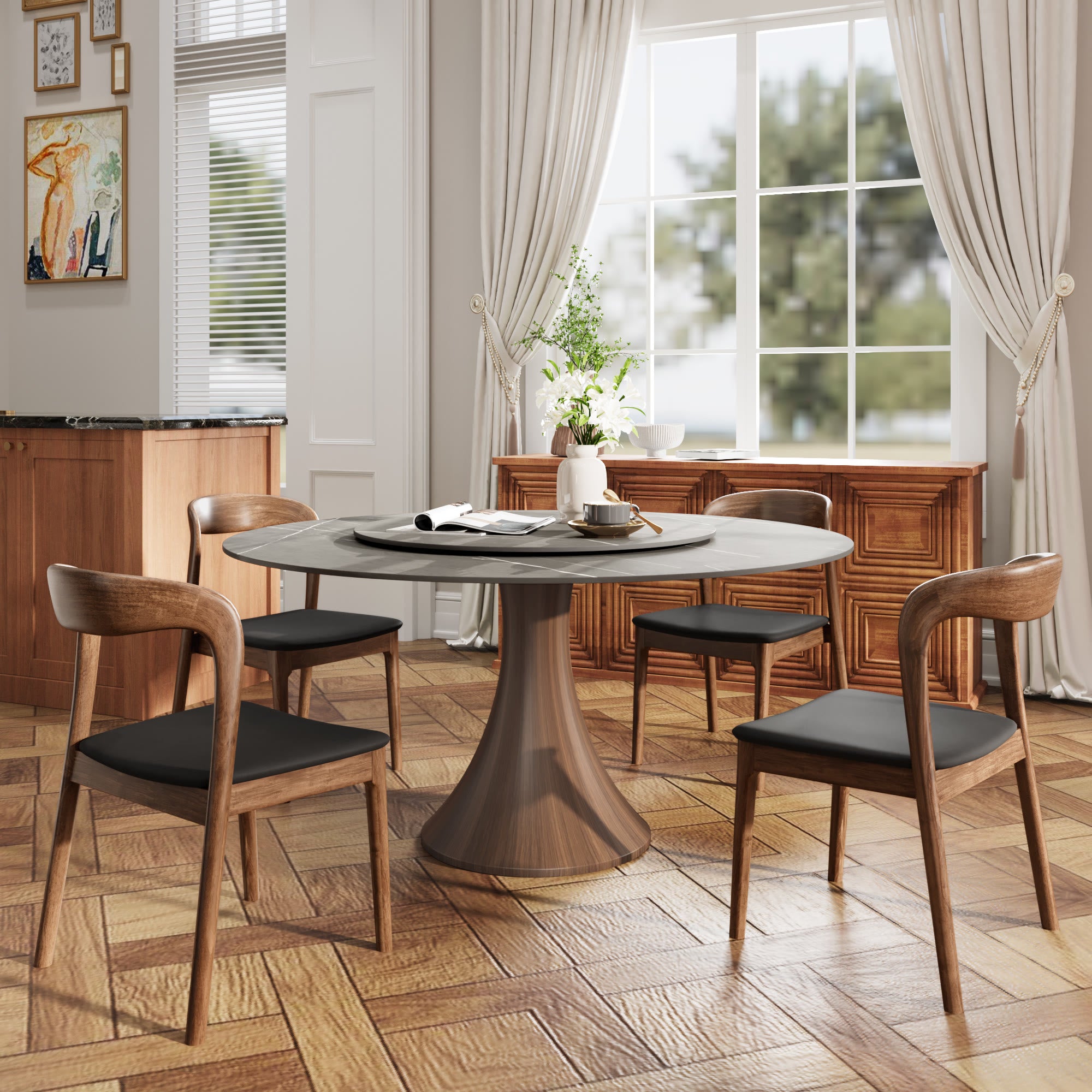 5 Pieces Slim Pedestal Base Wood Dining Table With Black Cushion Dining Chairs