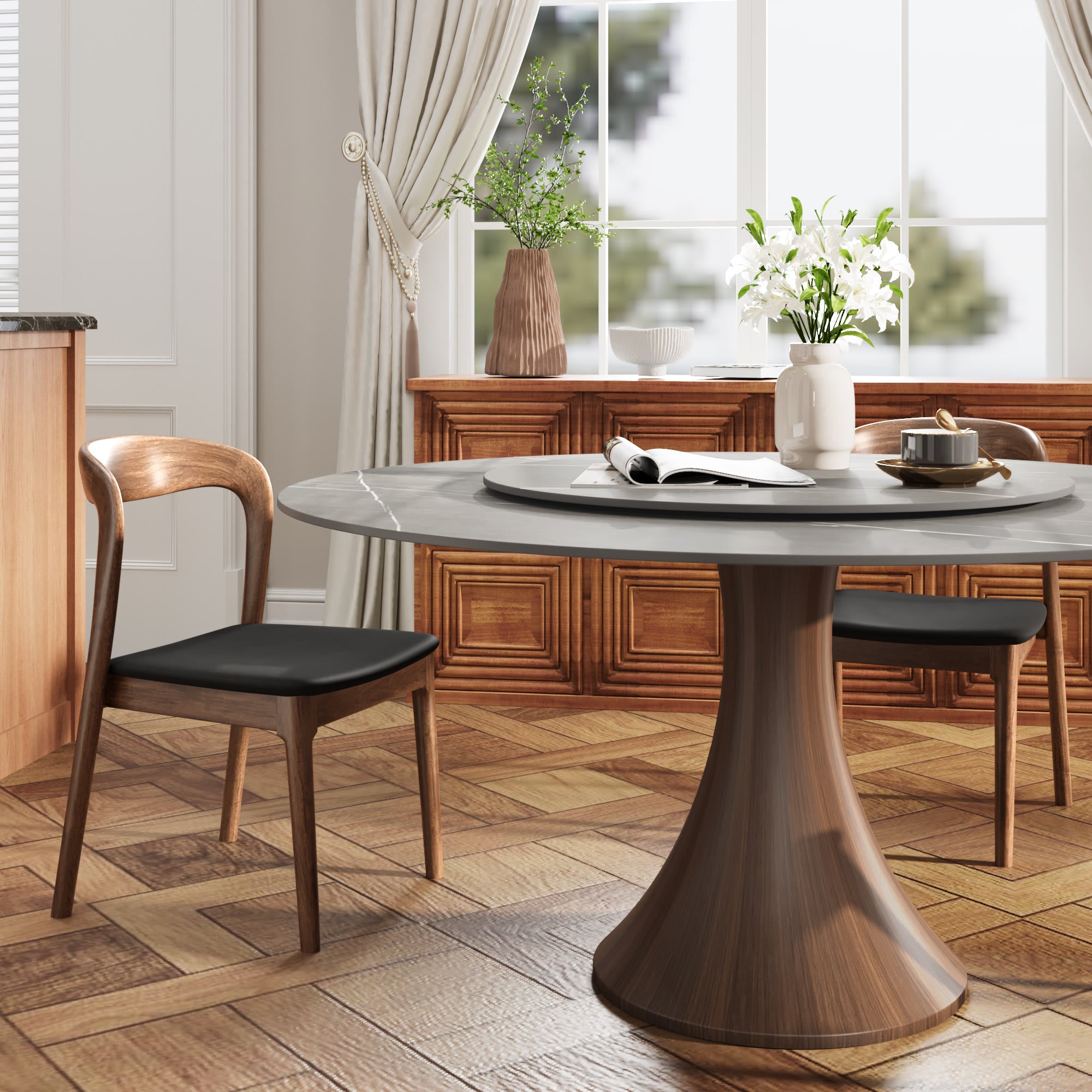 5 Pieces Slim Pedestal Base Wood Dining Table With Black Cushion Dining Chairs