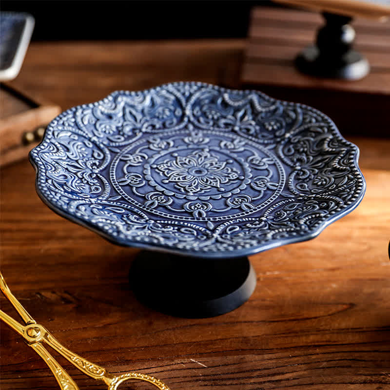 Vintage Embossed Decorative Ceramic Tray - Dark Blue - image 5