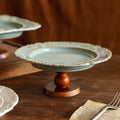 Vintage Ceramic Tray with Wooden Stand - Green - image 4