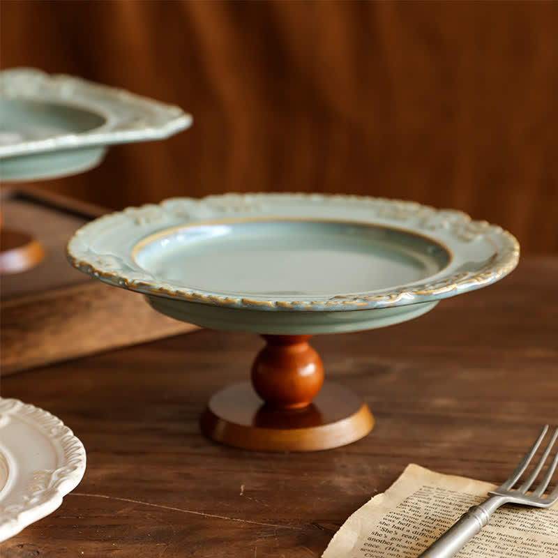 Vintage Ceramic Tray with Wooden Stand - Green - image 4