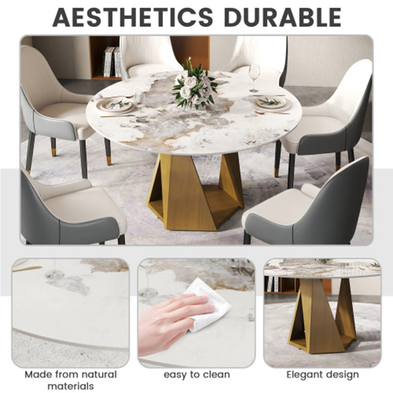 Round Marble Dining Table With Bronze Iron Metal Base