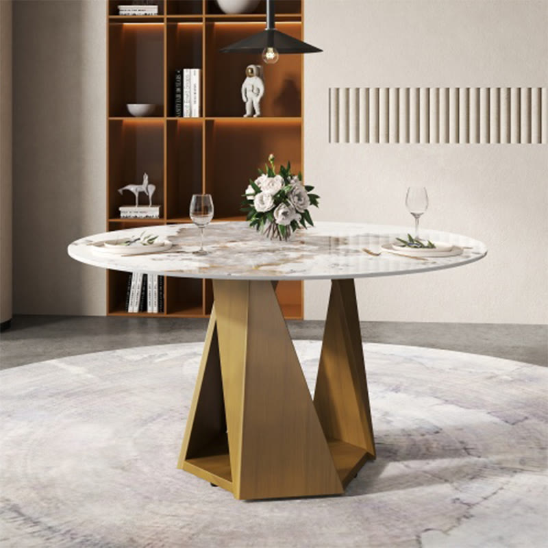 Round Marble Dining Table With Bronze Iron Metal Base