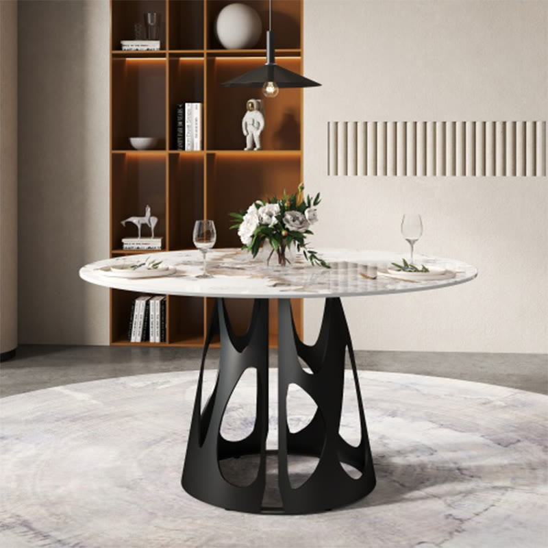 Round Dining Table With Black Hollow Metal Base