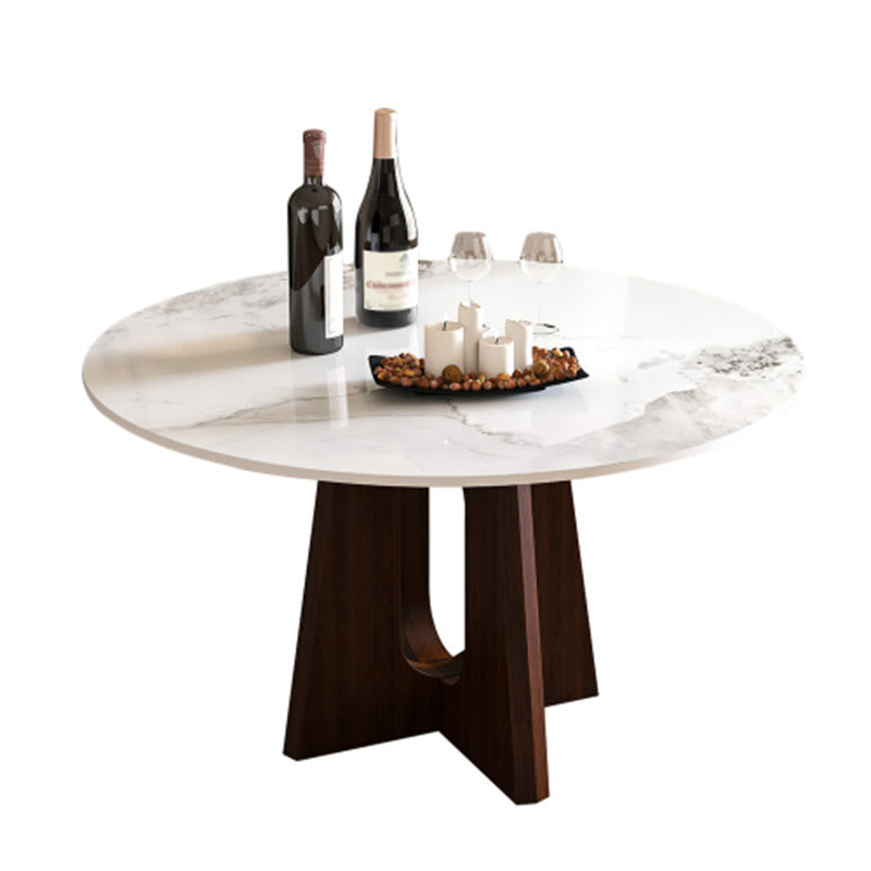Sintered Stone Round Dining Table With Sturdy Cross Wood Base