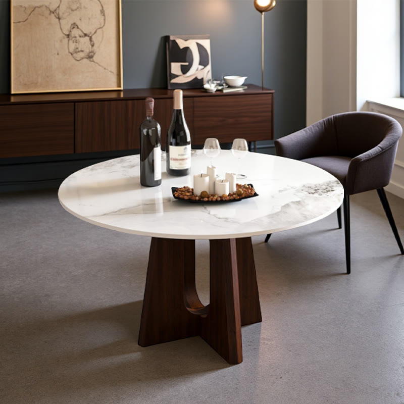 Sintered Stone Round Dining Table With Sturdy Cross Wood Base