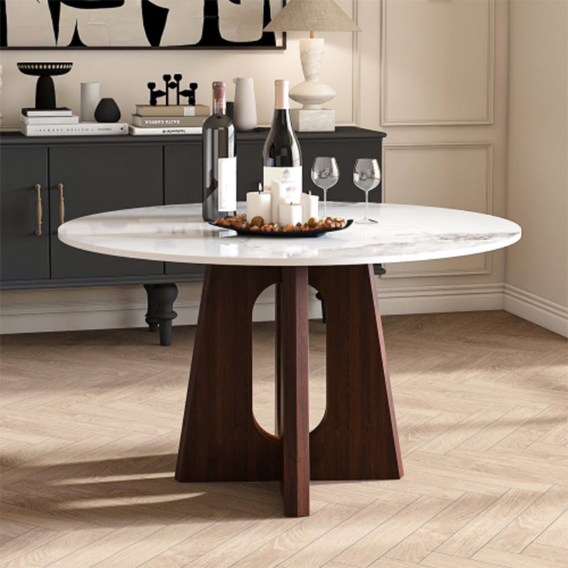 Sintered Stone Round Dining Table With Sturdy Cross Wood Base