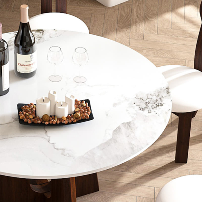 Sintered Stone Round Dining Table With Sturdy Cross Wood Base
