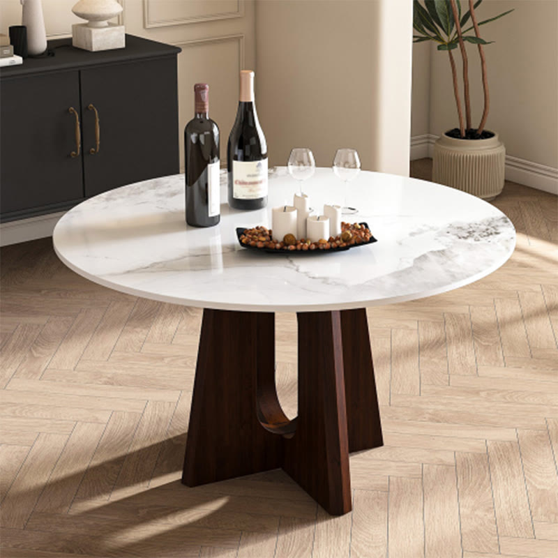 Sintered Stone Round Dining Table With Sturdy Cross Wood Base