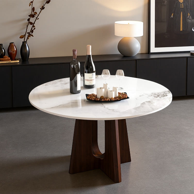 Sintered Stone Round Dining Table With Sturdy Cross Wood Base