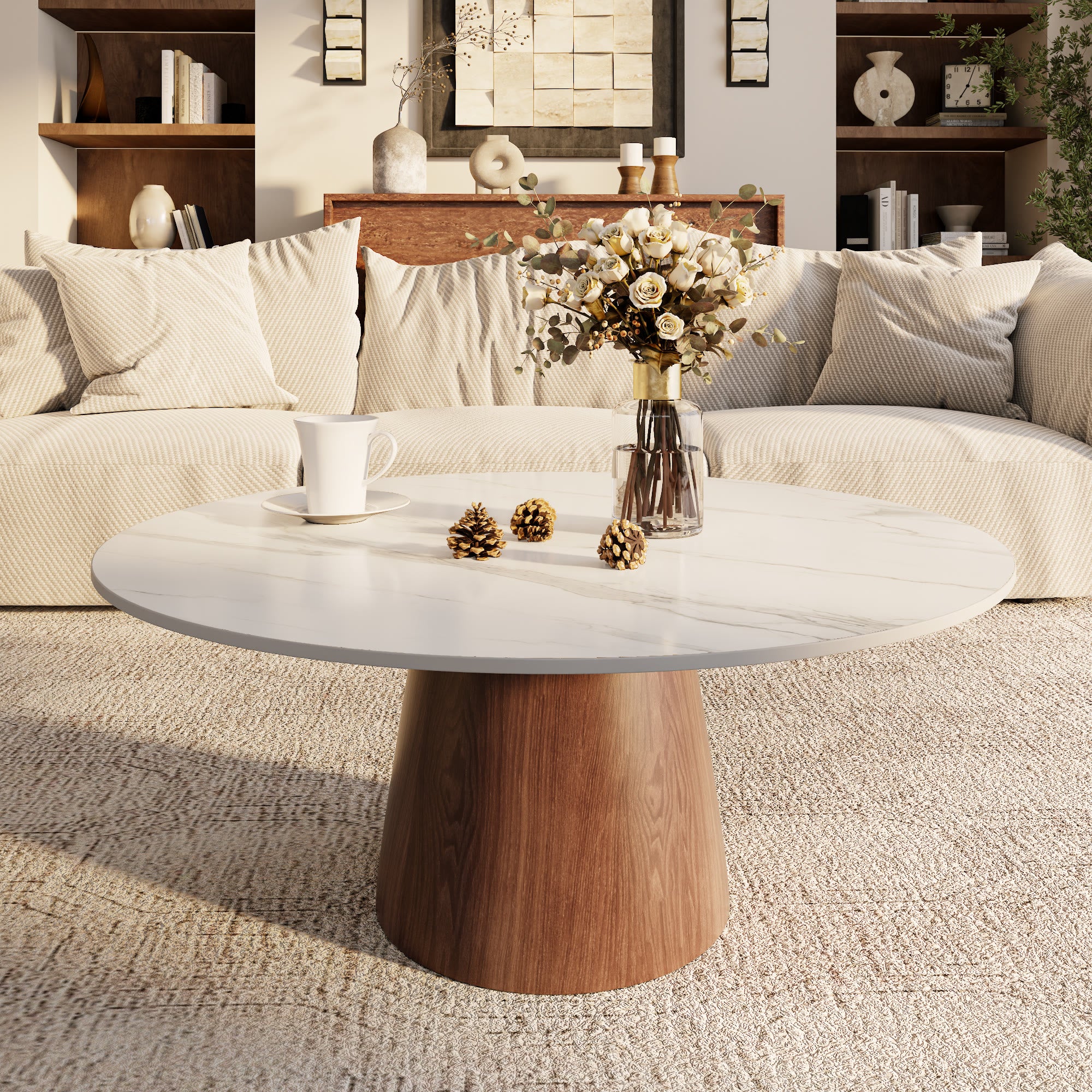 Mid-century Round Solid Wood Pedestal Coffee Table