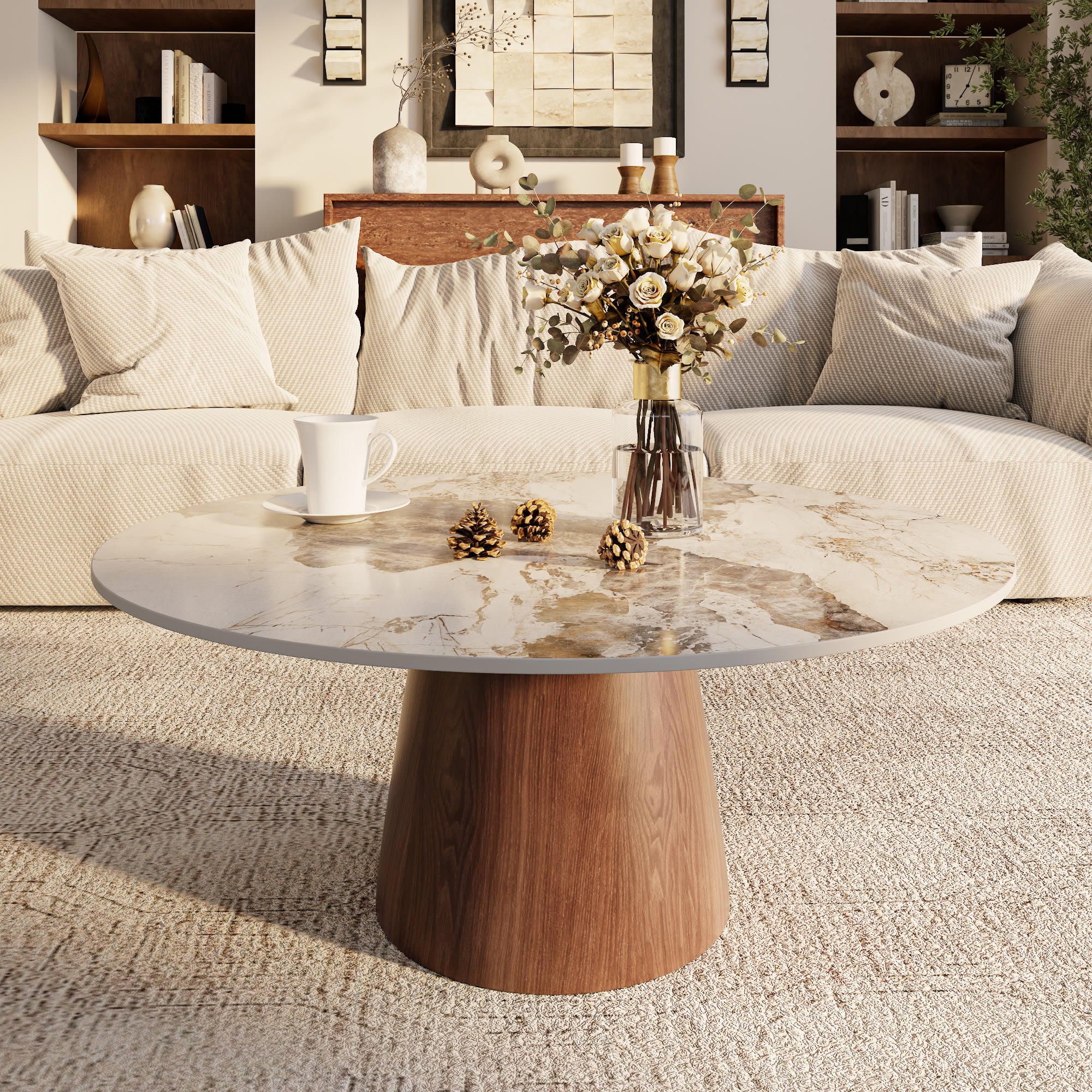 Mid-century Round Solid Wood Pedestal Coffee Table