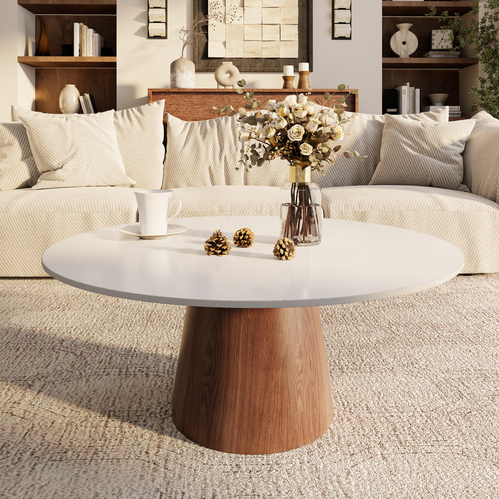 Mid-century Round Solid Wood Pedestal Coffee Table - White+Brown - W41.73" x L41.73" x H17.44" - image 3