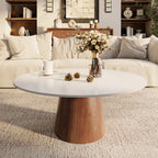 Mid-century Round Solid Wood Pedestal Coffee Table - White+Brown - W41.73" x L41.73" x H17.44" - image 3