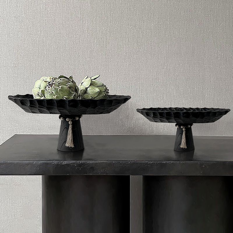 Vintage Embossed Wooden Pedestal Tray Decorative Ornament