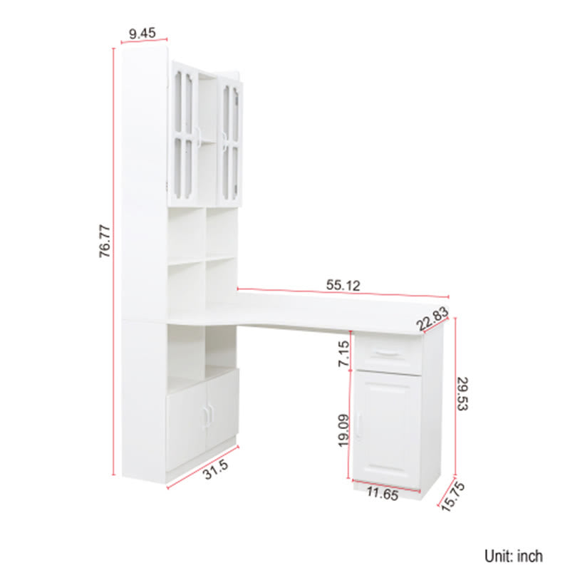 L-shaped Corner Computer Desk With Glass-door Storage Cabinet
