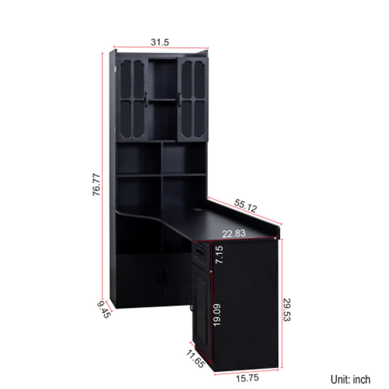 L-shaped Corner Computer Desk With Glass-door Storage Cabinet