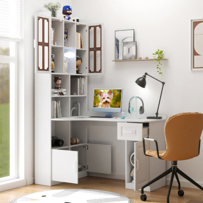 L-shaped Corner Computer Desk With Glass-door Storage Cabinet