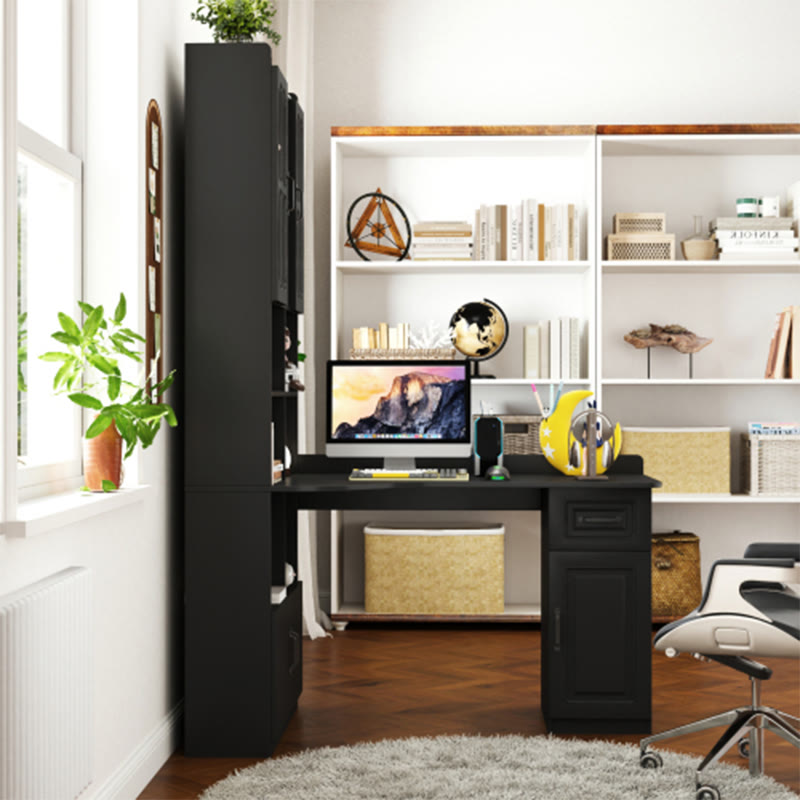 L-shaped Corner Computer Desk With Glass-door Storage Cabinet