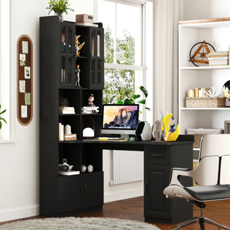 L-shaped Corner Computer Desk With Glass-door Storage Cabinet - Black - image 5
