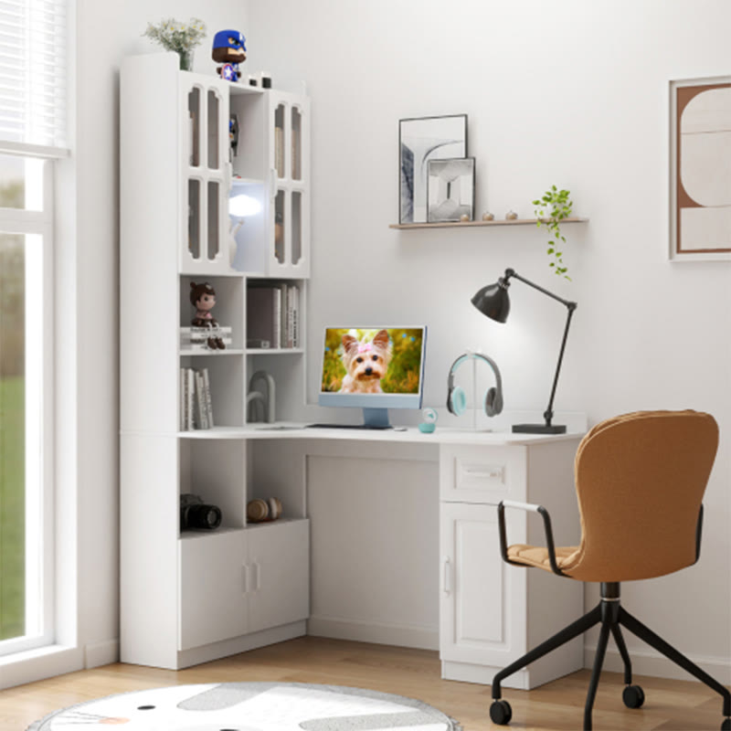 L-shaped Corner Computer Desk With Glass-door Storage Cabinet - White - image 0