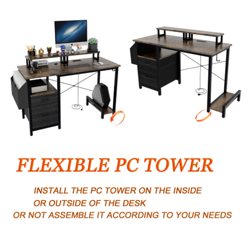 Office Desk With 2 Monitor Stands And Fabric File Cabinet