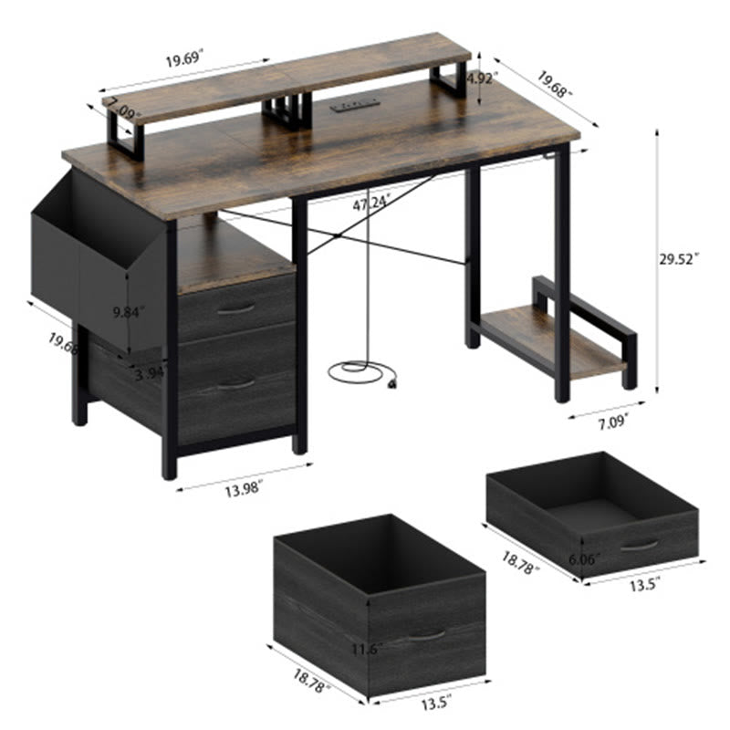 Office Desk With 2 Monitor Stands And Fabric File Cabinet