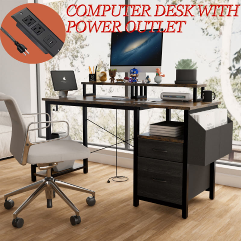 Office Desk With 2 Monitor Stands And Fabric File Cabinet