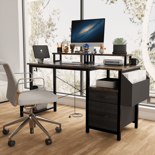 Office Desk With 2 Monitor Stands And Fabric File Cabinet