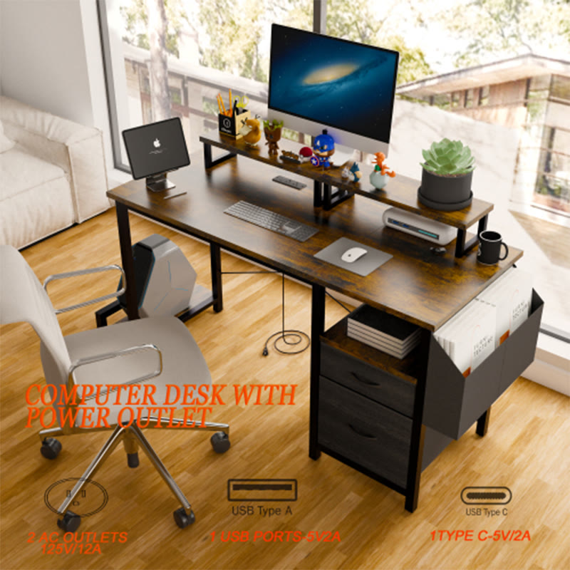 Office Desk With 2 Monitor Stands And Fabric File Cabinet