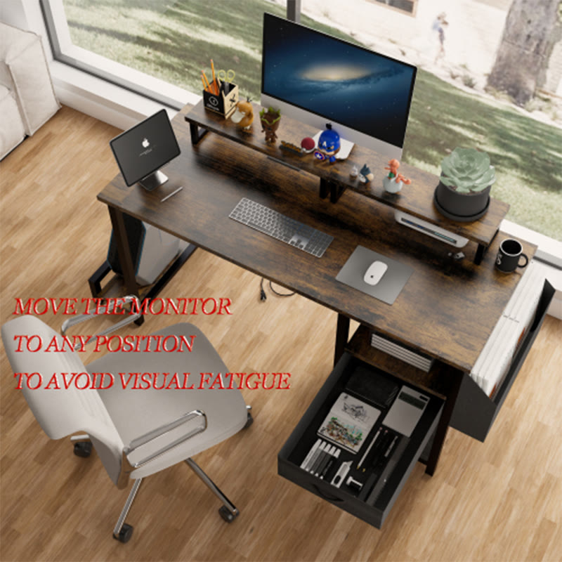 Office Desk With 2 Monitor Stands And Fabric File Cabinet
