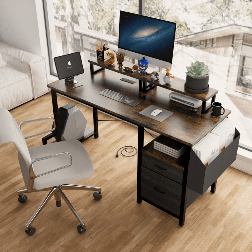Office Desk With 2 Monitor Stands And Fabric File Cabinet