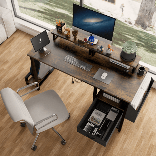 Office Desk With 2 Monitor Stands And Fabric File Cabinet