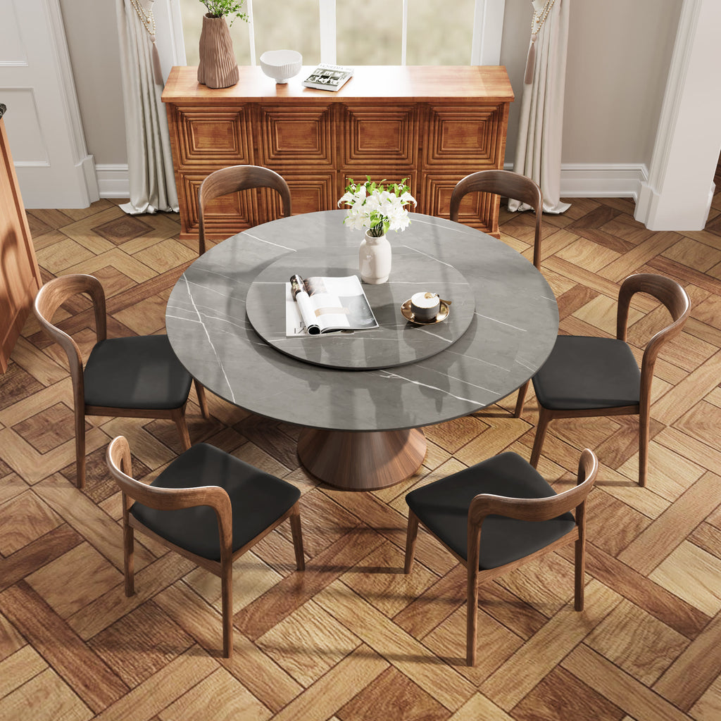 7 Pieces Slim Pedestal Base Dining Table With Black Leather Cushioned Dining Chairs - 59.05"Table+6 x Dining Chairs - image 0
