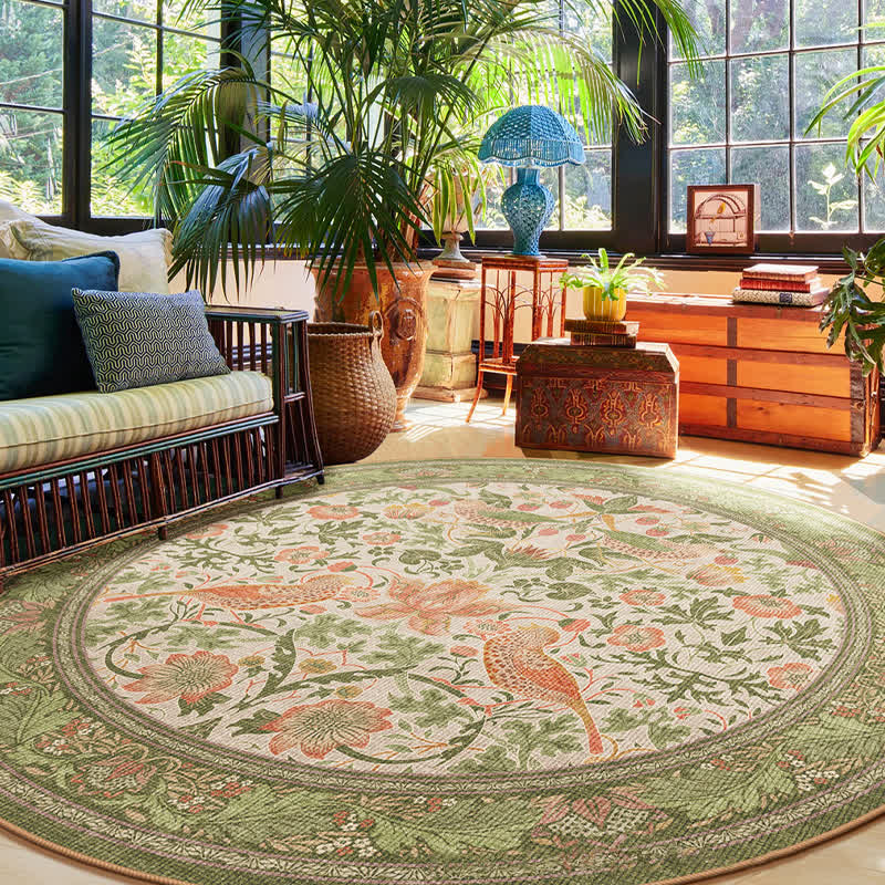 Floral Bird Waterproof Round-shaped Area Rug  - Green - 63" x 63" - image 0