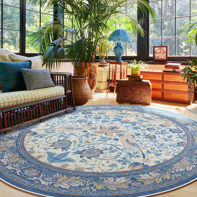 Floral Bird Waterproof Round-shaped Area Rug  - Blue - 63" x 63" - image 5