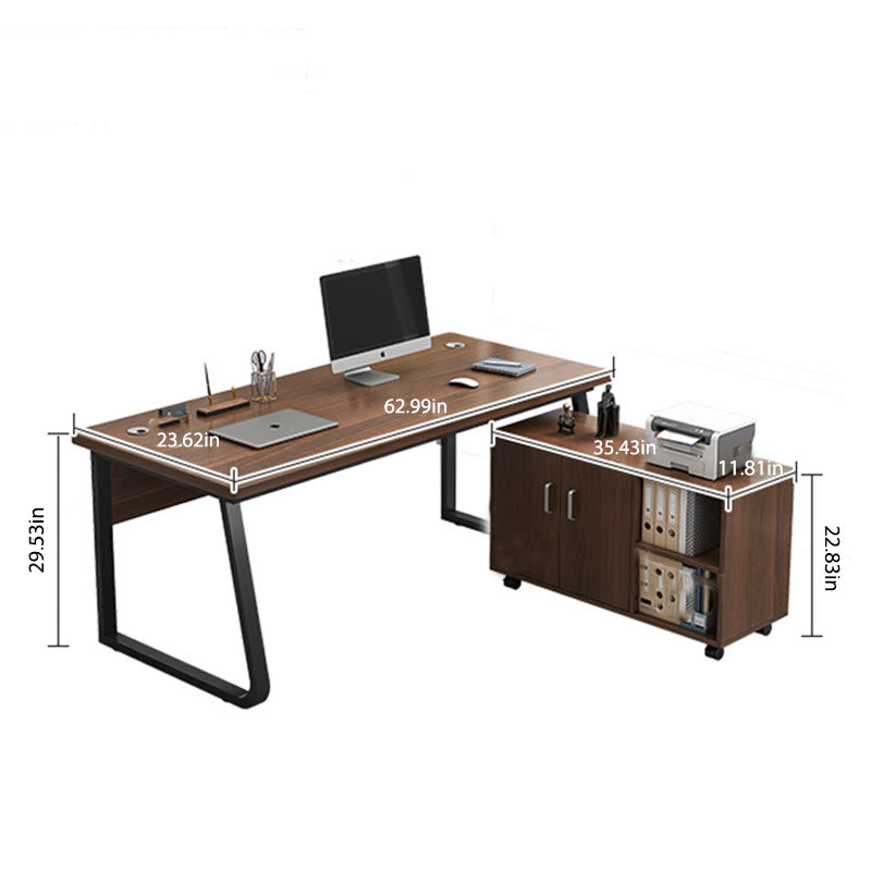 Iffhome Walnut-colored Office Desk With Movable File Cabinet