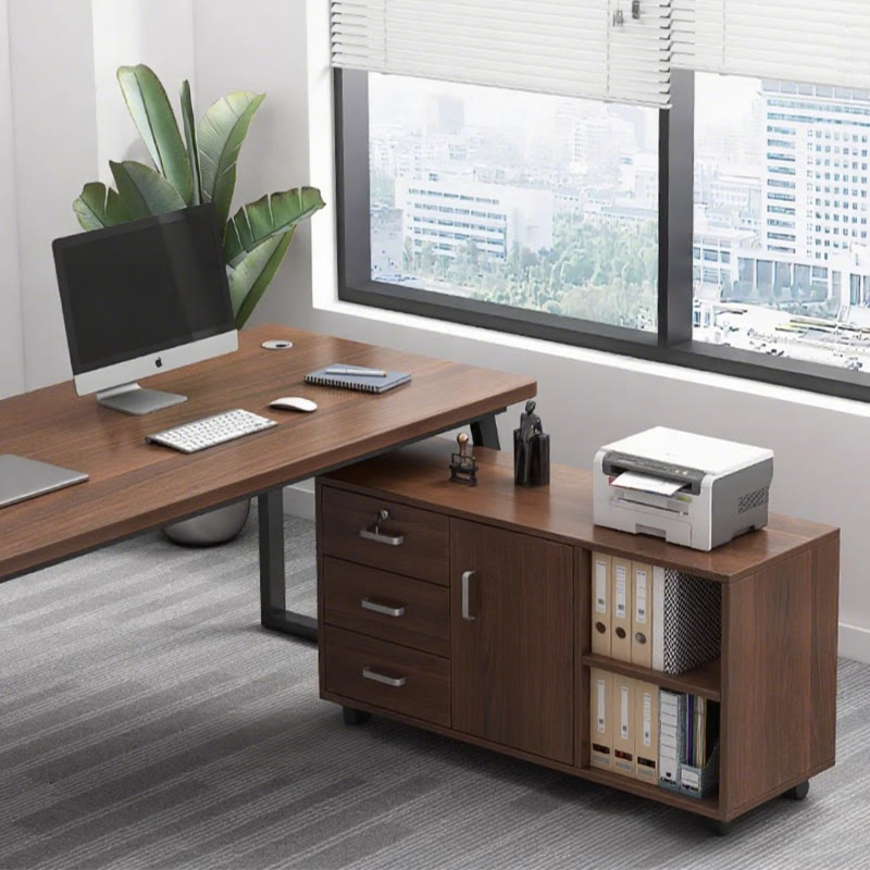Iffhome Walnut-colored Office Desk With Movable File Cabinet
