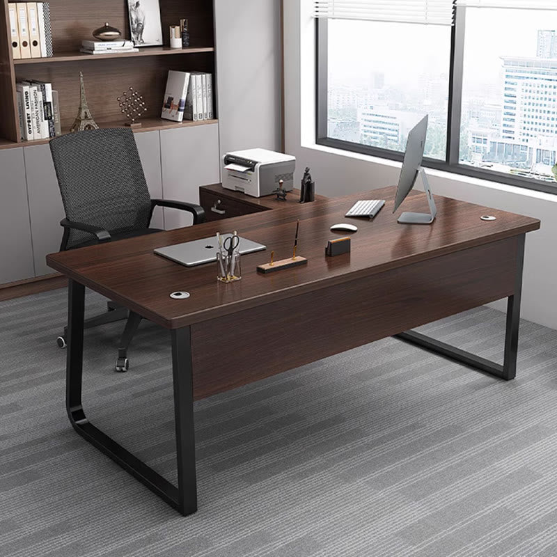 Iffhome Walnut-colored Office Desk With Movable File Cabinet
