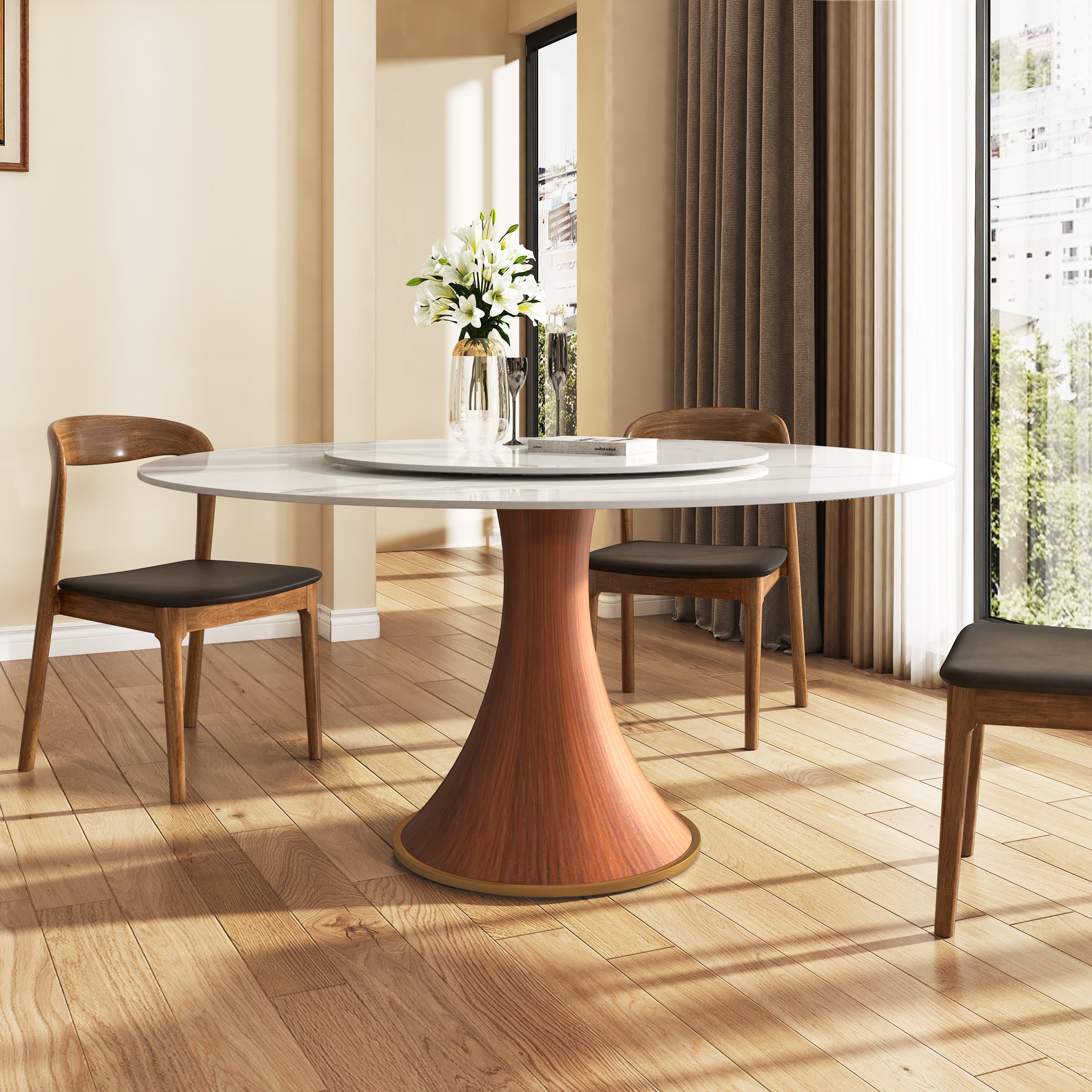 Mid-Century Modern Round Dining Table For 4-8 People - Snowy White - 59" Table With Lazy Susan - image 6