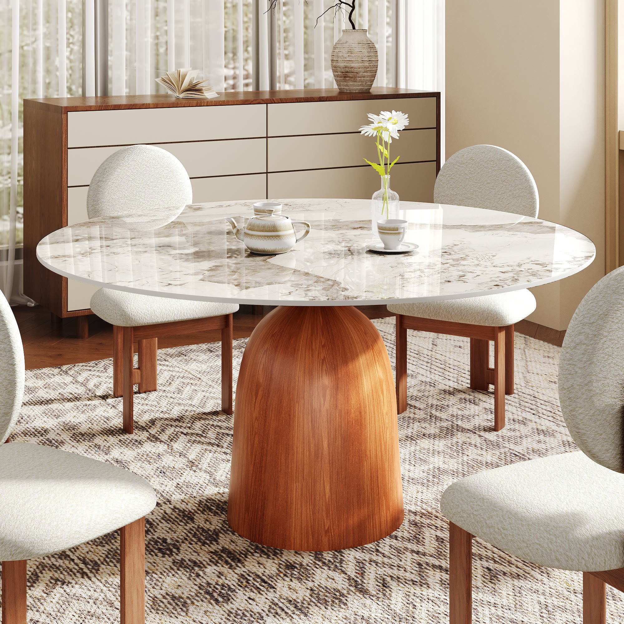 Round Kitchen Table Mid-Century Style For 4-8 People