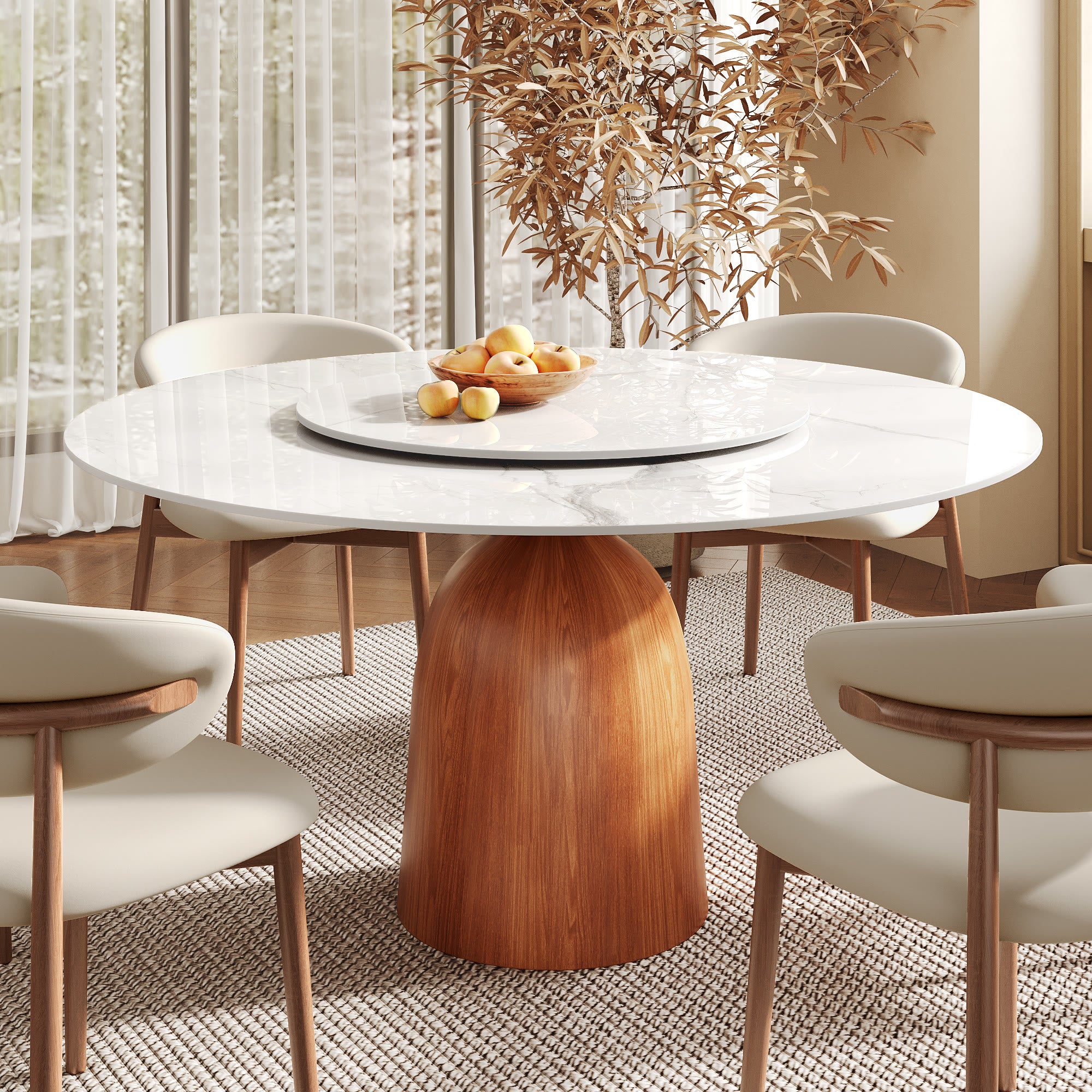 Round Kitchen Table Mid-Century Style For 4-8 People - Snowy White - 59" Table With Lazy Susan - image 5