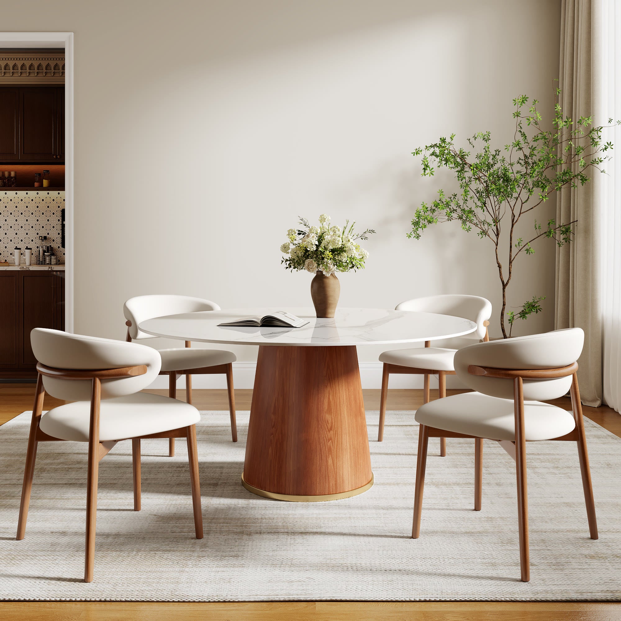 Round Dining Table With Solid Wood Bucket Base For 4-8 People