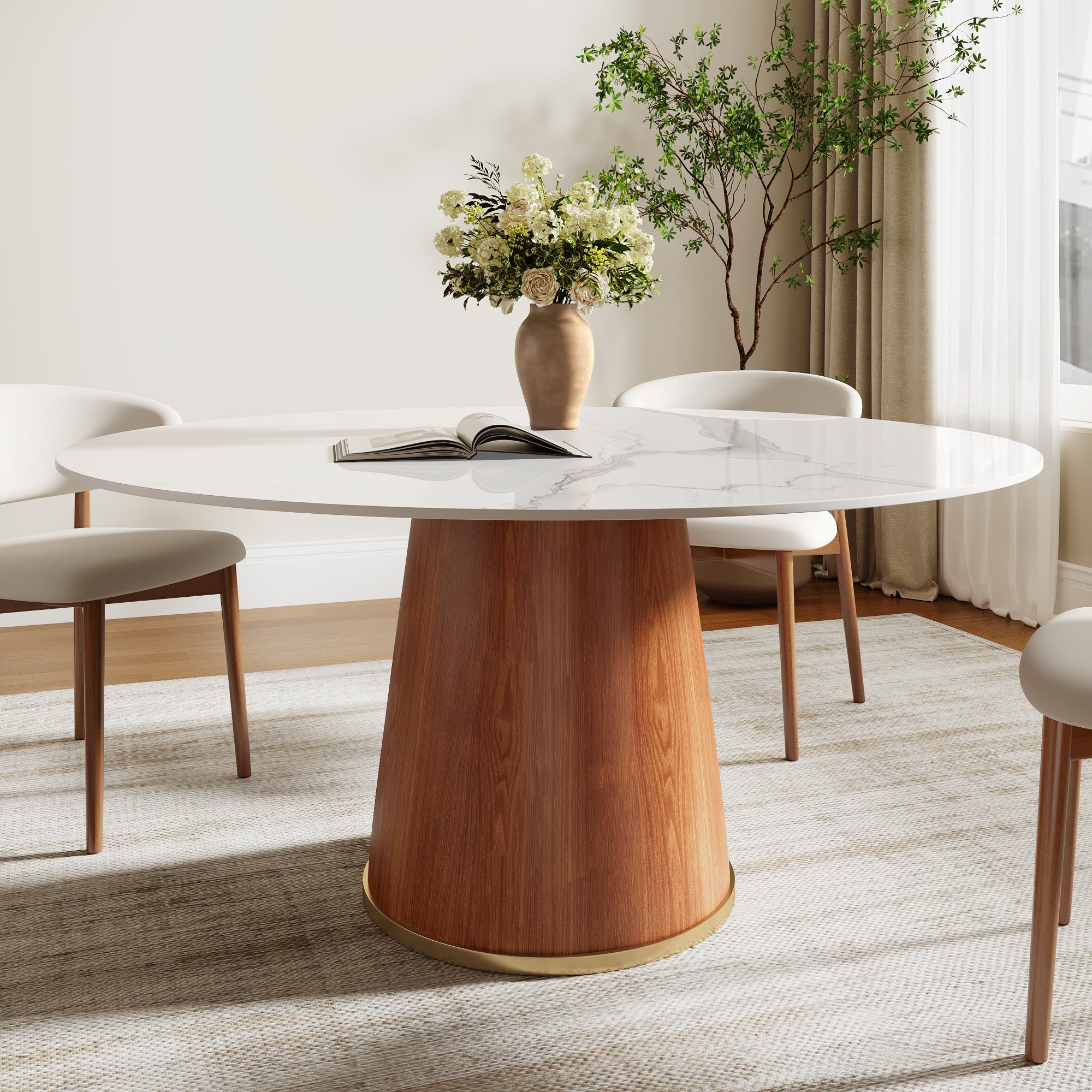 Round Dining Table With Solid Wood Bucket Base For 4-8 People