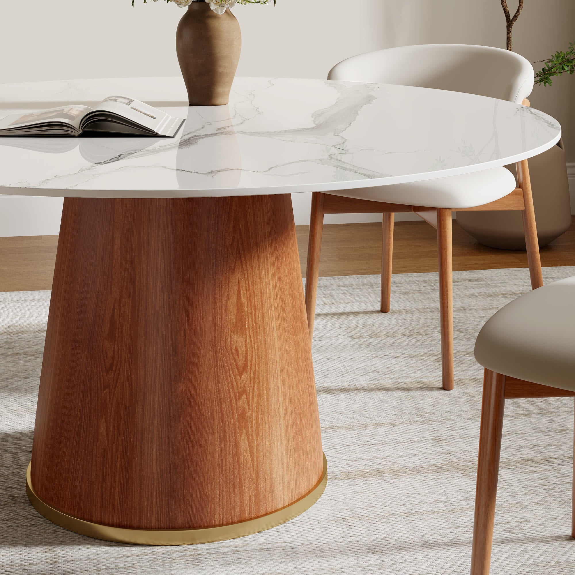 Round Dining Table With Solid Wood Bucket Base For 4-8 People