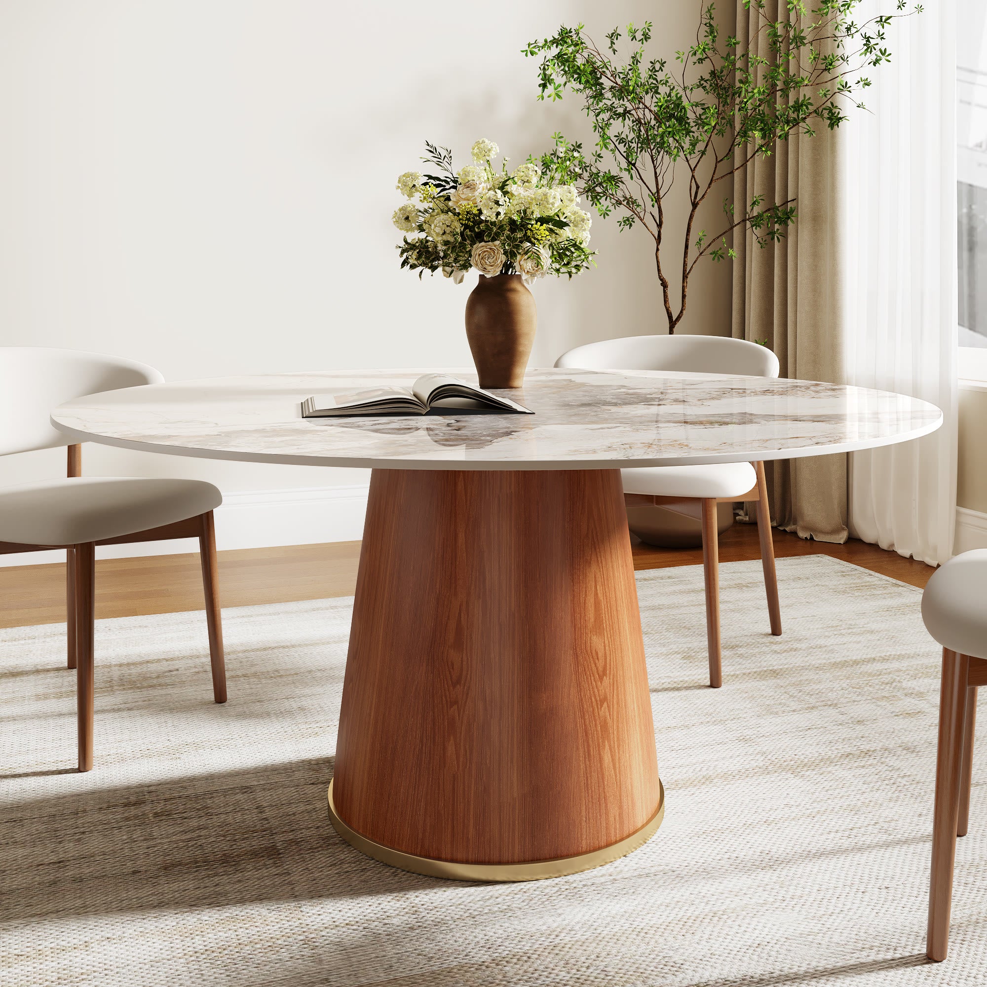 Round Dining Table With Solid Wood Bucket Base For 4-8 People