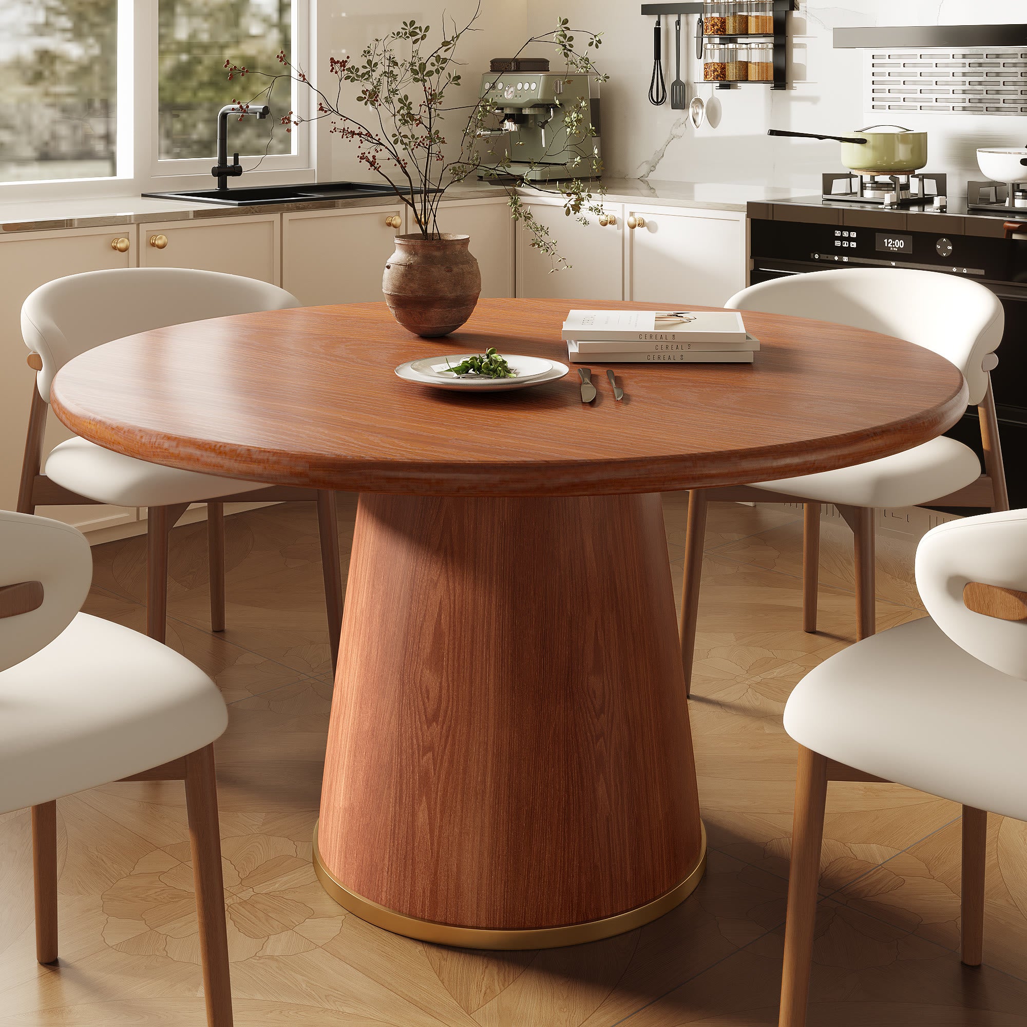 Round Dining Table With Solid Wood Bucket Base For 4-8 People